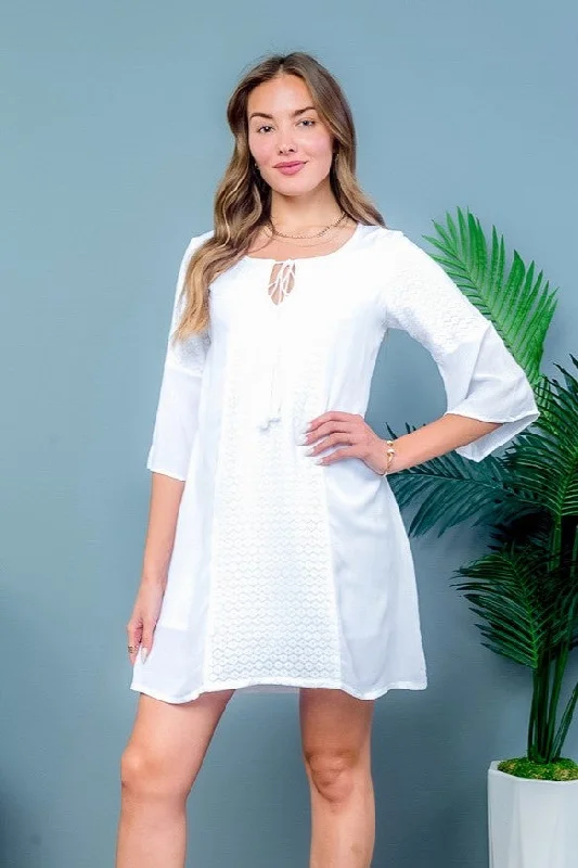 ‘Retro Chic’ 3/4 Bell Sleeve Mini Dress with Round Neckline and Drawstring Keyhole Detail in White (MB1073) Fashionable Summer Mini Dress