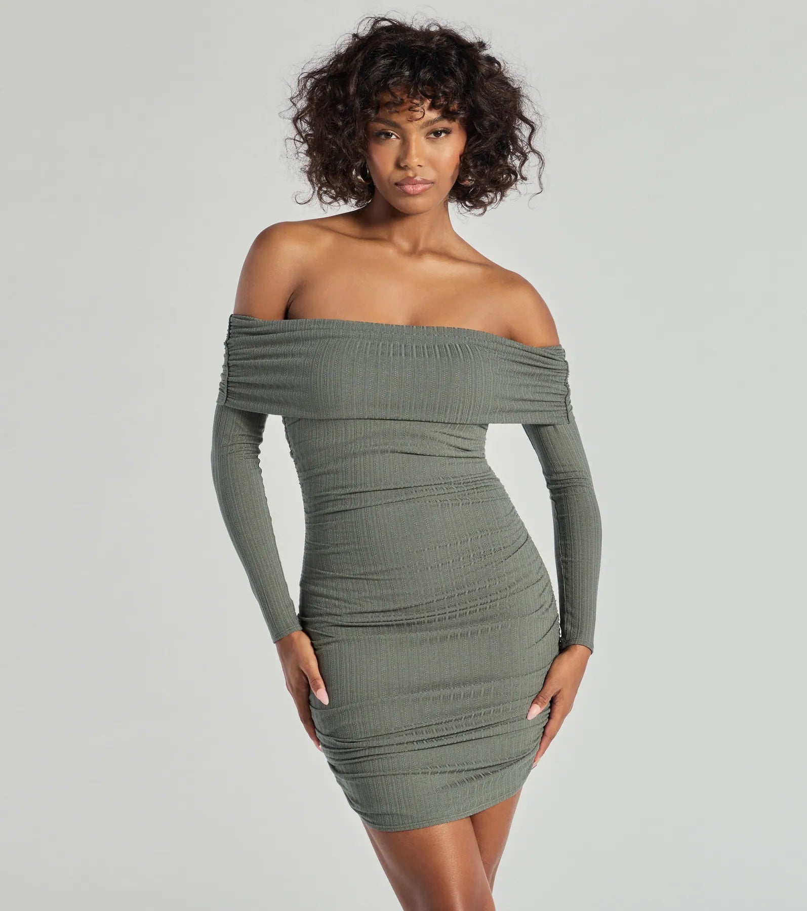 Flawless Style Knit Off-The-Shoulder Long Sleeve Mini Dress Fashionable Pleated Mini Dress