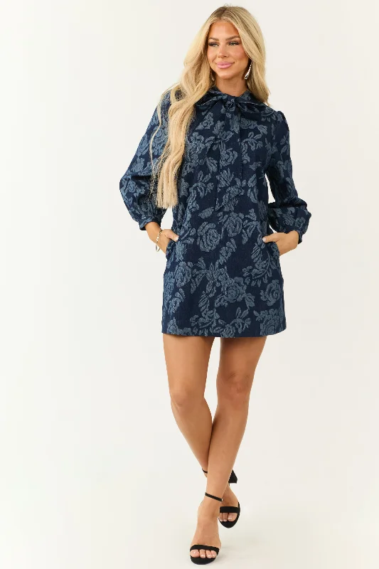 Flying Tomato Floral Dark Wash Denim Mini Dress Classic Casual Mini Dress