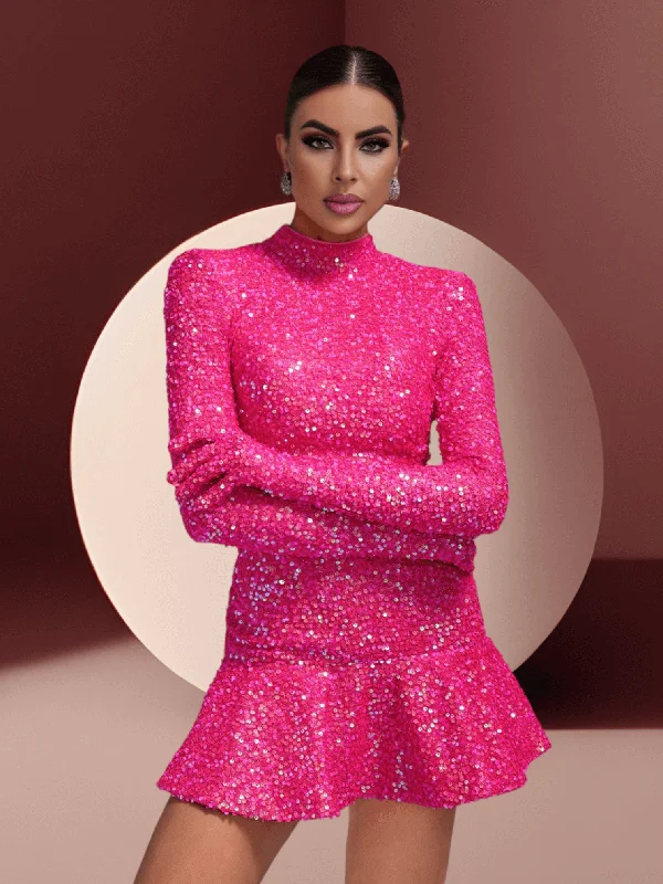 Hot Pink Sequin Gloves Mini Dress Trendy Tie-Dye Mini Dress