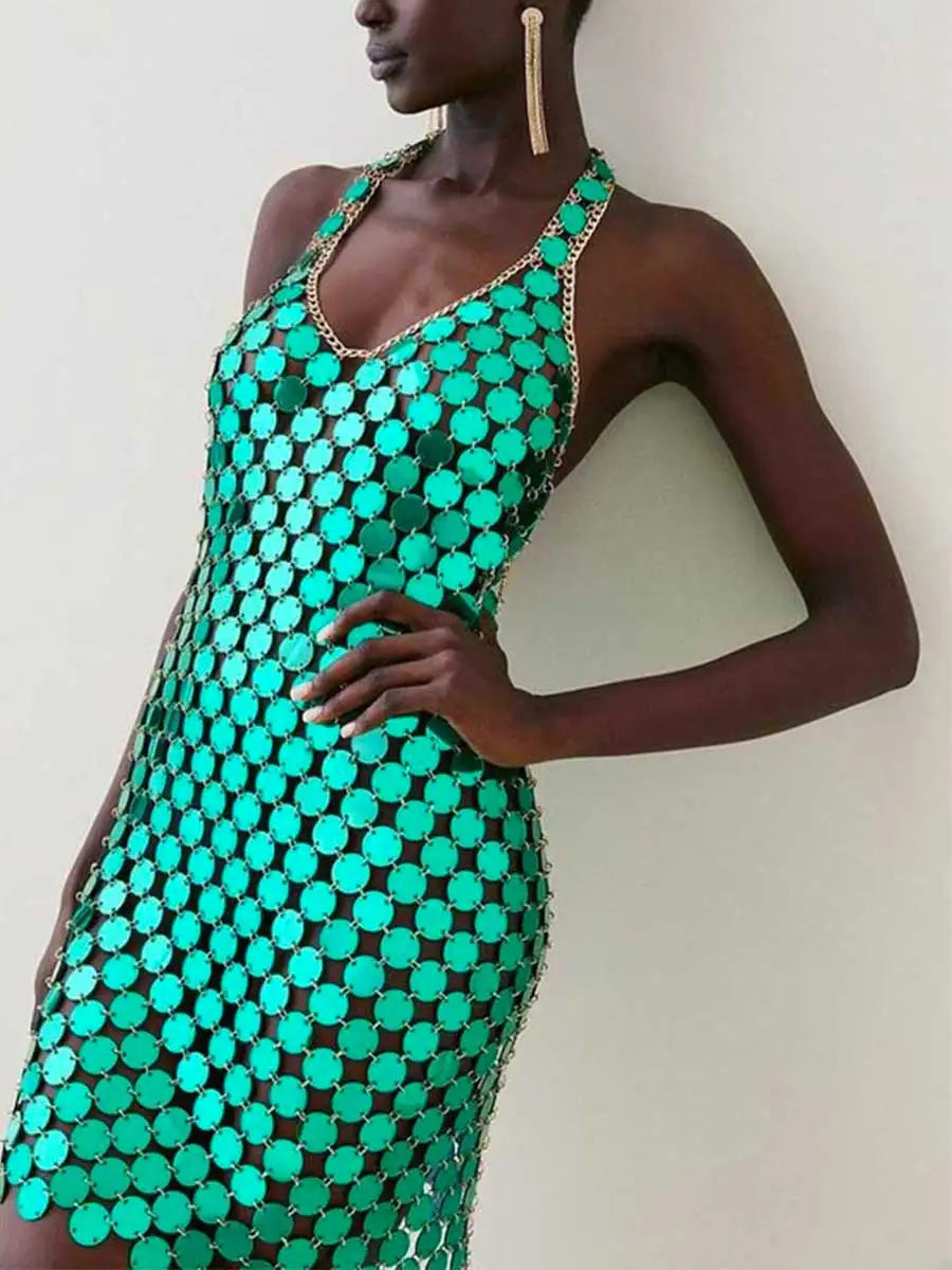 Halterneck Ice Green Disco Large Sequin Mini Dress Casual Button-Up Mini Dress