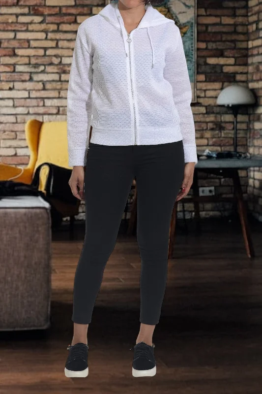 Ladies White Hoody Jacket Zip Front Button Front Snap Front