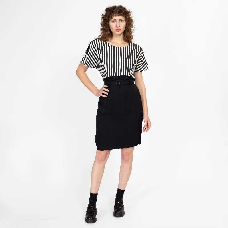 Large 80s Black & White Striped Belted Mini Dress Trendy Off-Shoulder Dress Mini