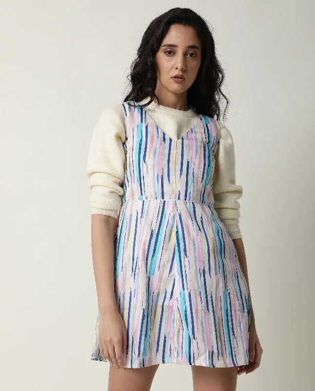 Rareism Women Nano Multi Striped V Neck Sleeveless With Pockets Mini Dress Trendy Tie-Dye Mini Dress