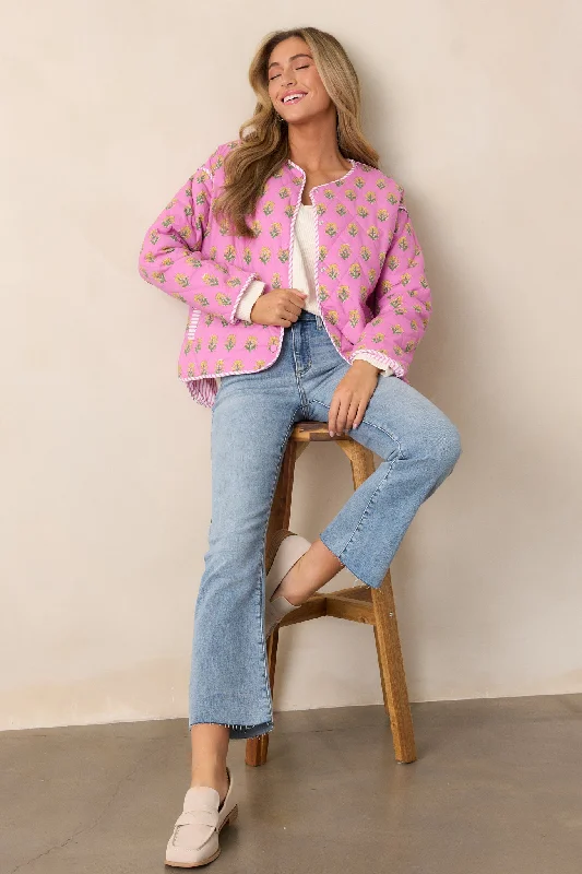 Peaceful Retreat 100% Cotton Pink Floral Quilted Jacket Tailored Jacket Straight Jacket A-Line Jacket