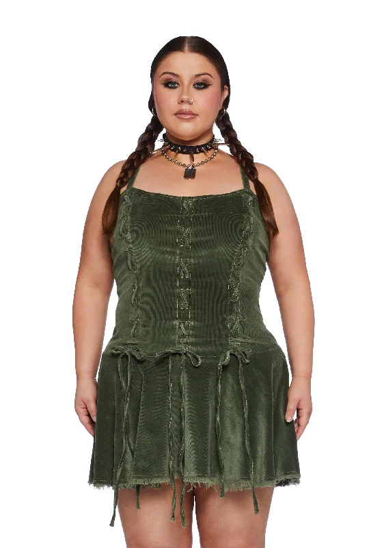 Plus Little Miss Attitude Mini Dress - Green Corduroy Classic Black Mini Dress