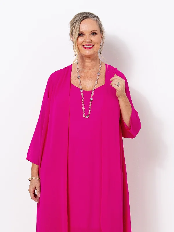 Hot Pink Georgette Long Jacket Zippered Front Buttoned Front Snap Front