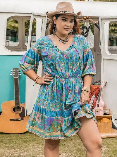 Plus Size Printed Tie Neck Mini Dress Chic Pleated Mini Dress