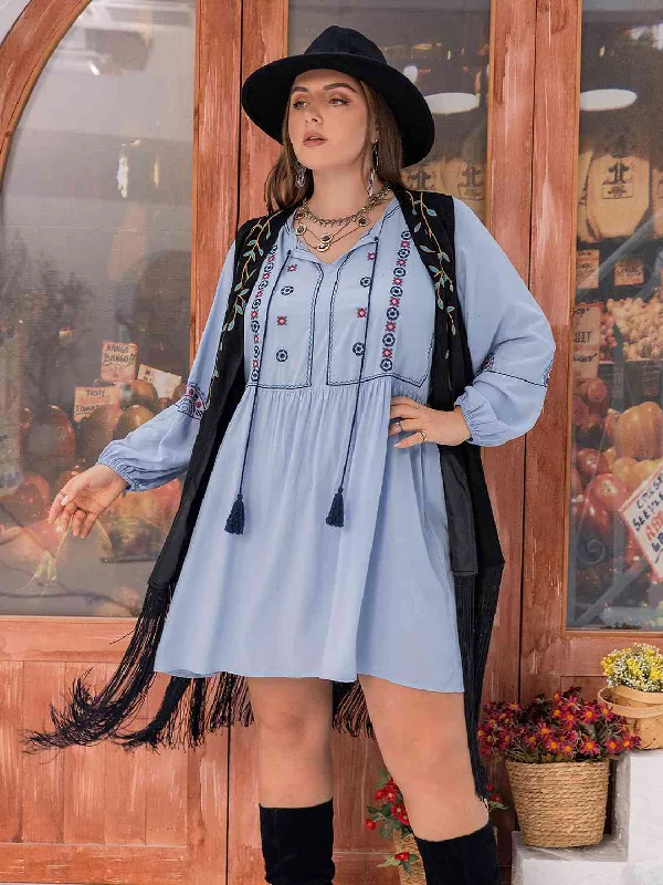 Plus Size Tie Neck Tassel Detail Long Sleeve Mini Dress Modern Satin Mini Dress