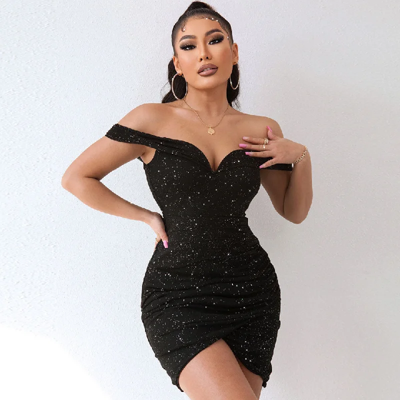 Shimmery Ruched Wrap Trim Off Shoulder Bodycon Party Mini Dress - Black Elegant Off-Shoulder Dress Mini