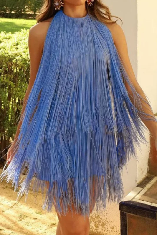 storexq Solid Color Feminine Backless Tassel Mini Dress Fashionable Button-Front Mini Dress