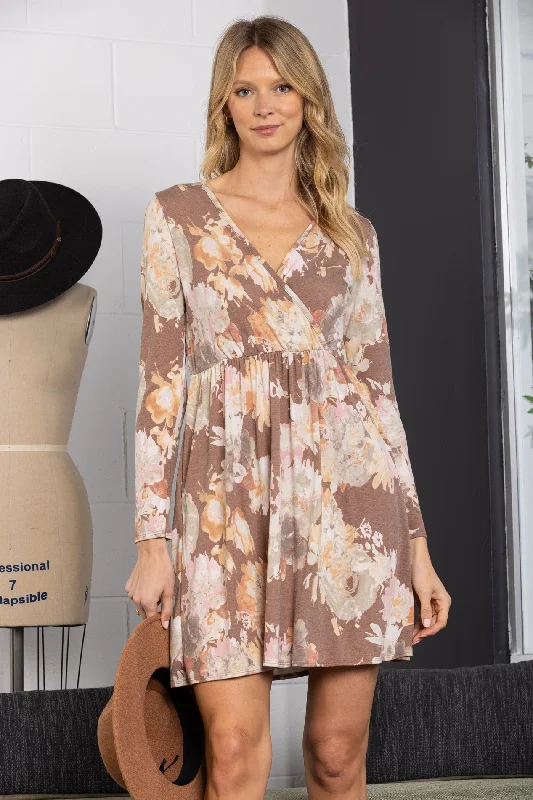 MOCHA FLORAL PRINT WRAP LONG SLEEVES MINI DRESS-VC5735 Comfortable Shift Mini Dress