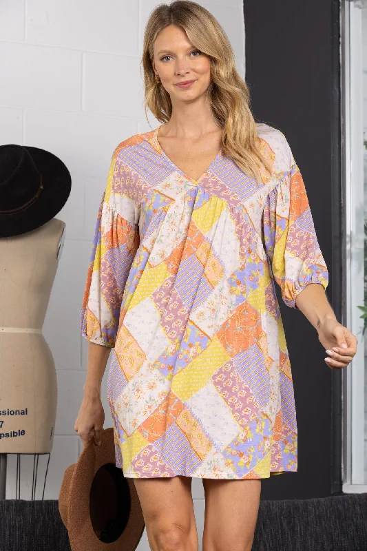YELLOW PATCH WORK 3/4 SLEEVES MINI DRESS-VC5744-B Cozy Ruched Mini Dress