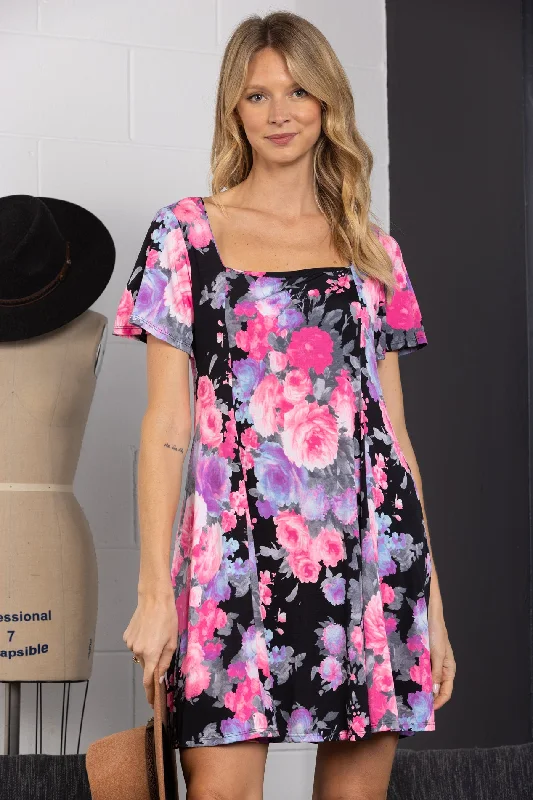 BLACK SQUARE NECK SHORT SLEEVES A-LINE MINI DRESS-VC5757-B Comfortable Polka Dot Mini Dress