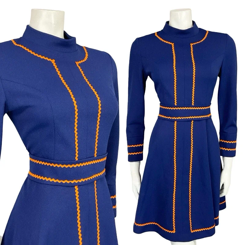 VTG 60S MOD SCOOTER NAVY BLUE ORANGE RIC RAC TRIM MINI DRESS WITH BELT 10 Cozy Wraparound Mini Dress