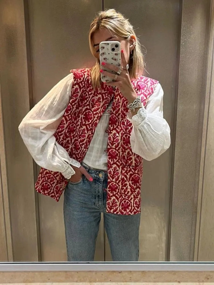 Getadme Women Printed Embroidery Reversible Vest Jacket Vintage National Style Casual Patchwork Vests Elegant Streetwear Waistcoat Zip Front Button Front Snap Front