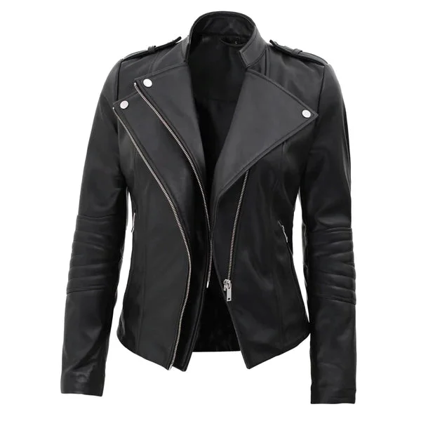 Women’s Lambskin Leather Motorcycle Jacket WJ077 Knit Fabric Woven Fabric Fleece Fabric