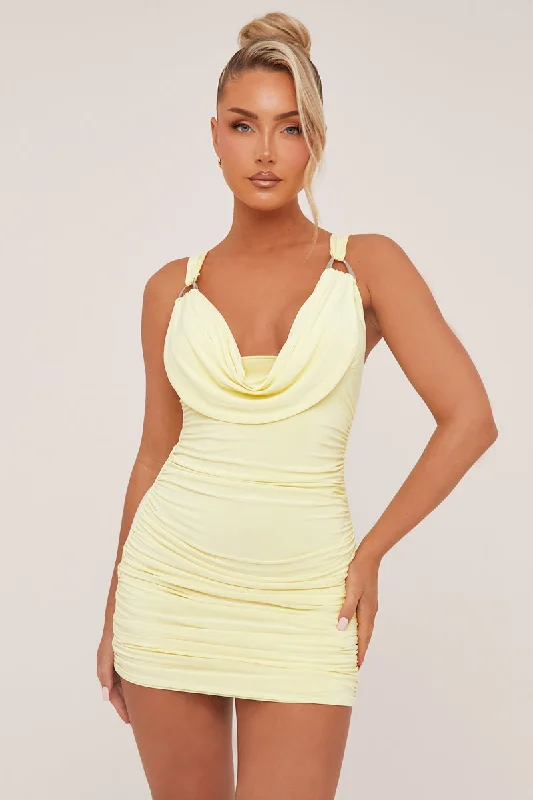 Yellow Cowl Neck Ruched Bodycon Mini Dress - Luca Comfortable Wrap Mini Dress