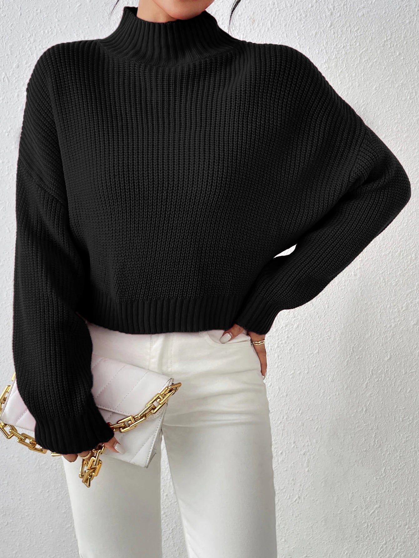 Ribbed Knitted Mock Long Solid High Drop Shoulder Sweater Turtle Neck Boat Neck Asymmetrical Neck