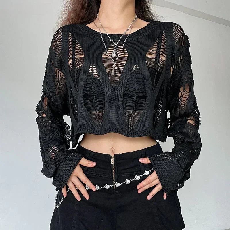 Vintage Hole Ripped Sexy Fashion Cropped Hollow Spring Sweater Collared Crew Neck Turtle Neck
