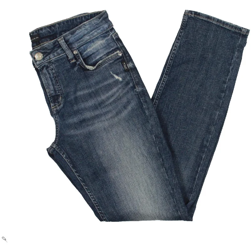 Elyse Womens Mid-Rise Distressed Straight Leg Jeans Comfortable Stretch Denim Jeans