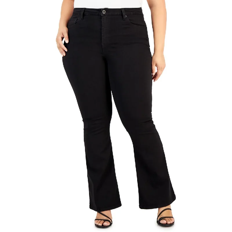 Plus Womens High Rise Denim Flared Jeans Fashionable Frayed Hem Denim