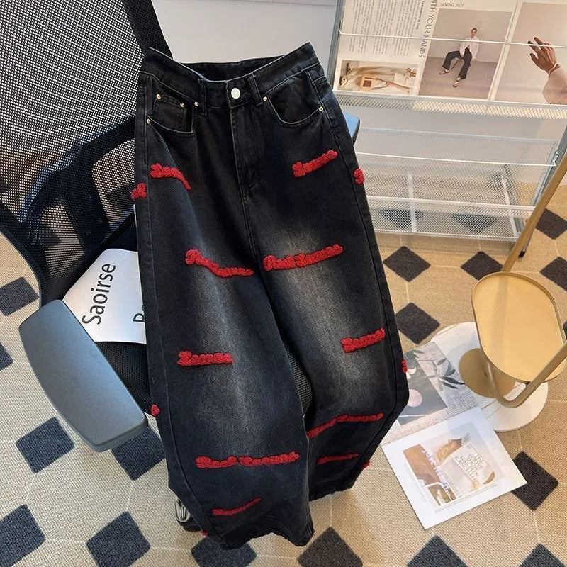 Black and Red Letter Embroidered Jeans Female Y2K Spring and Autumn Fashionable Raw Hem Bootcut Jeans
