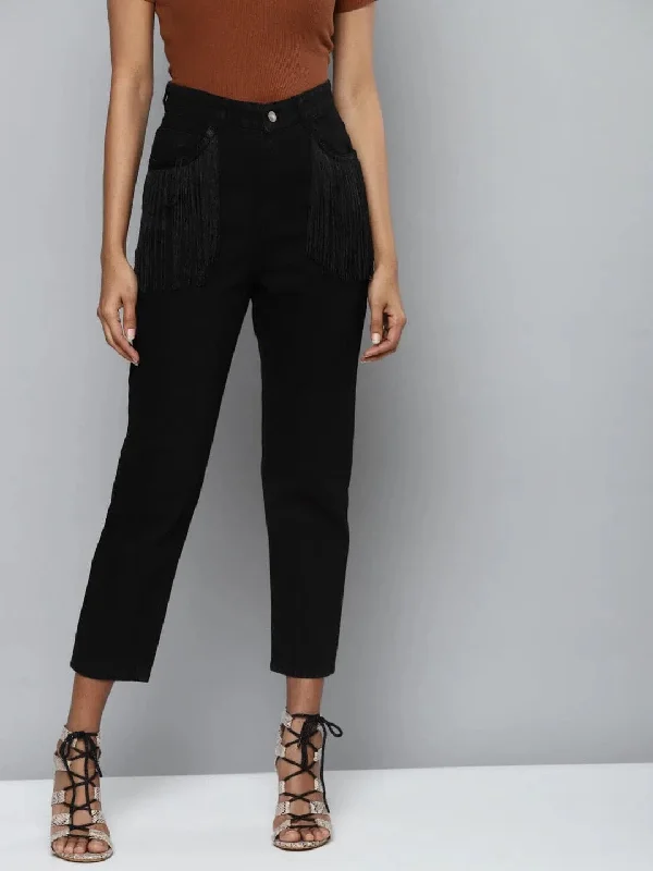 Black Denim Pocket Fringe Lace Mom Jeans Fashionable Mom Jeans