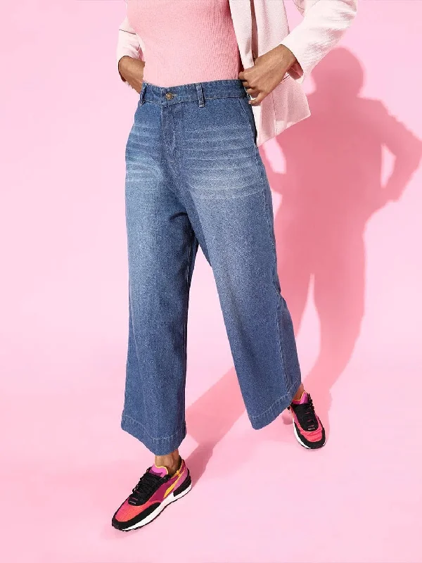 Blue Wide Leg Jeans Fashionable Slim Fit Jeans
