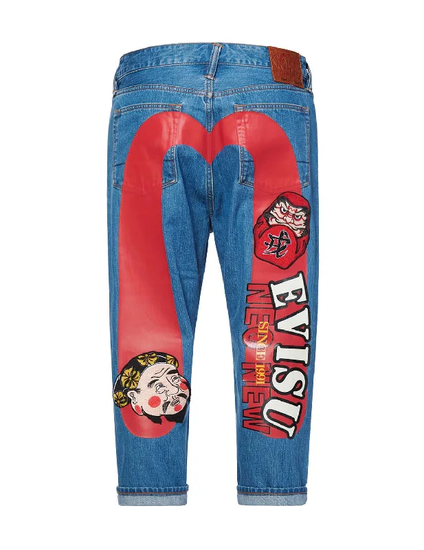 Daruma and Ebisu Embroidered Daicock Print 2027 Cropped-fit Denim Jeans Trendy Colored Denim Jeans