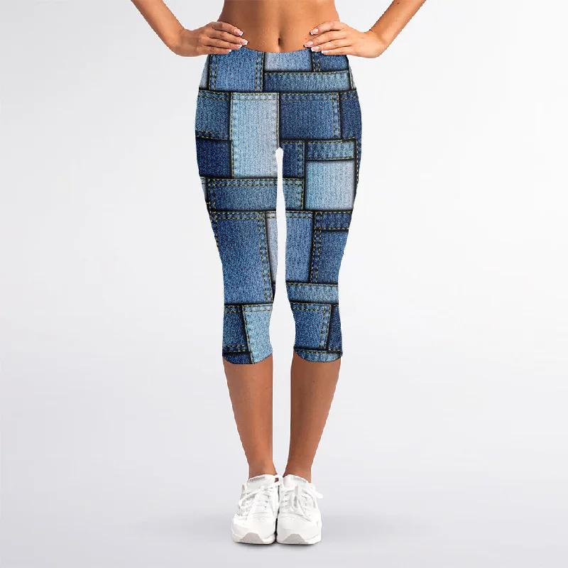 Patchwork Denim Jeans Pattern Print Women's Capri Leggings Comfortable Folded Hem Jeans