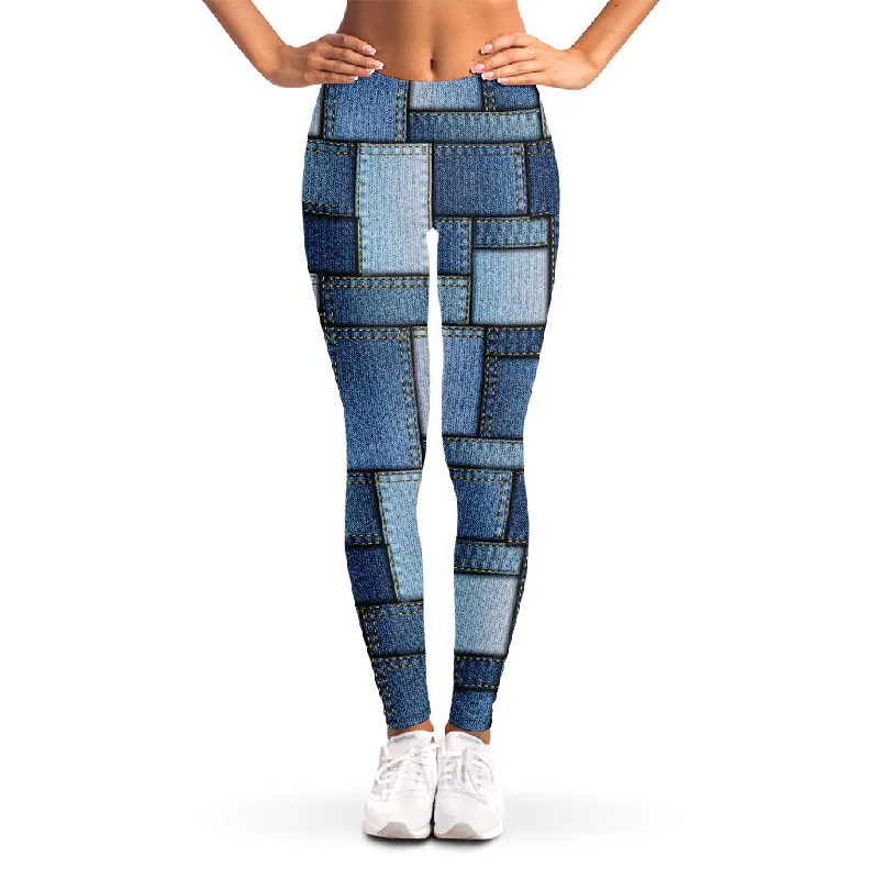Patchwork Denim Jeans Pattern Print Women's Leggings Fashionable Straight Fit Denim