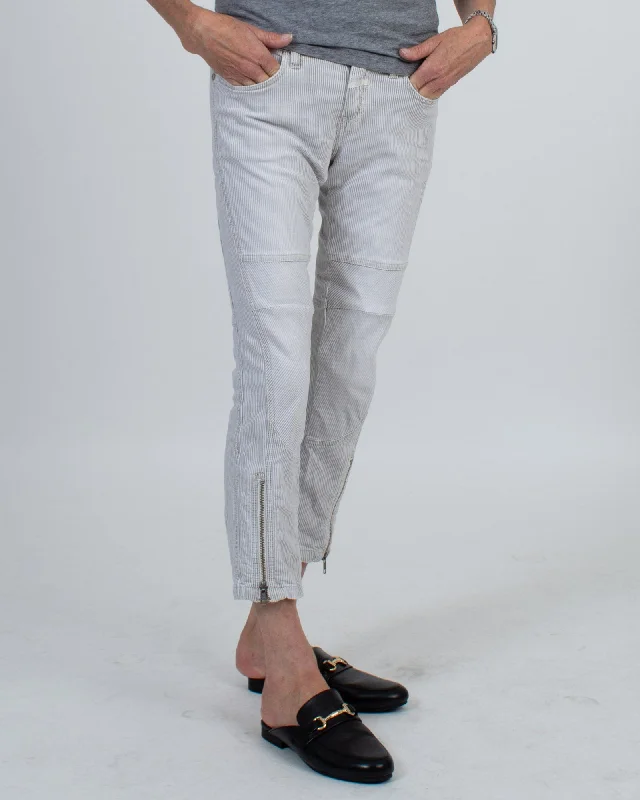 Striped Jeans With Zipper Detail Comfortable Zip-Up Skinny Jeans