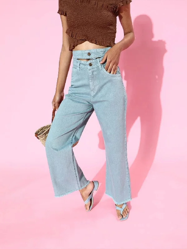 Teal Blue Double Waistband Wide Leg Jeans Stylish Shredded Denim Jeans