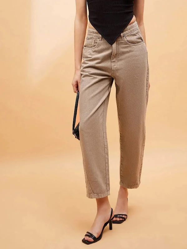 Women Beige Balloon Fit Jeans Stylish Cargo Style Jeans
