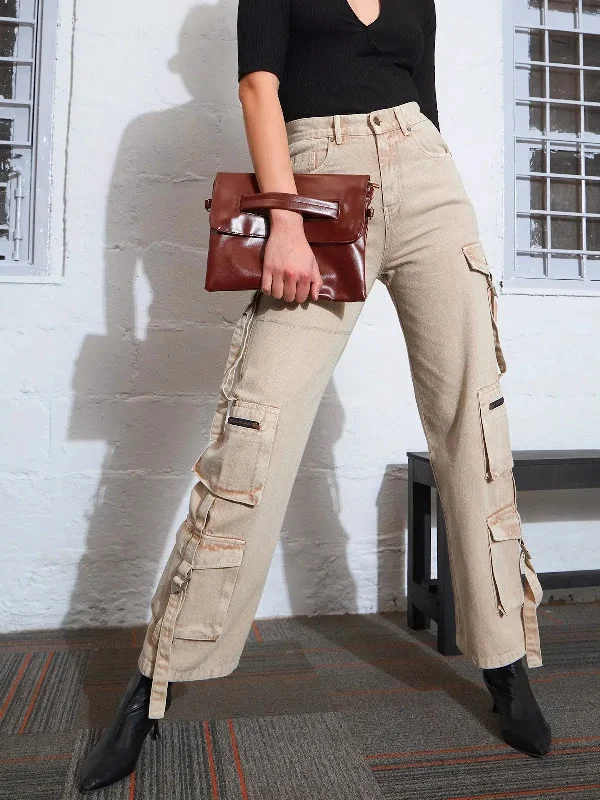 Women Beige Zipper Pocket Cargo Straight Jeans Stylish Paperbag Waist Denim