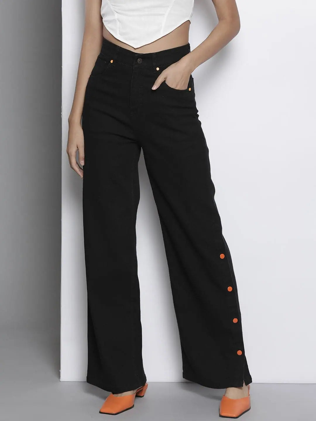 Women Black Side Button Placket Stretch Straight Jeans Comfortable Ankle Jeans