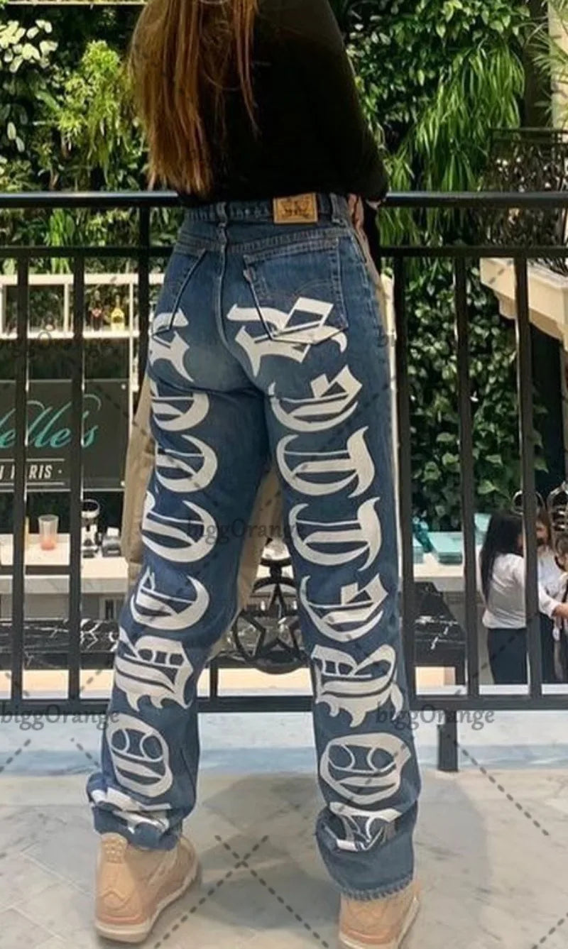 Y2K Baggy Jeans Women Retro Letters Printed High Waist Jeans Hip Hop Punk Trendy Patchwork Denim Jeans