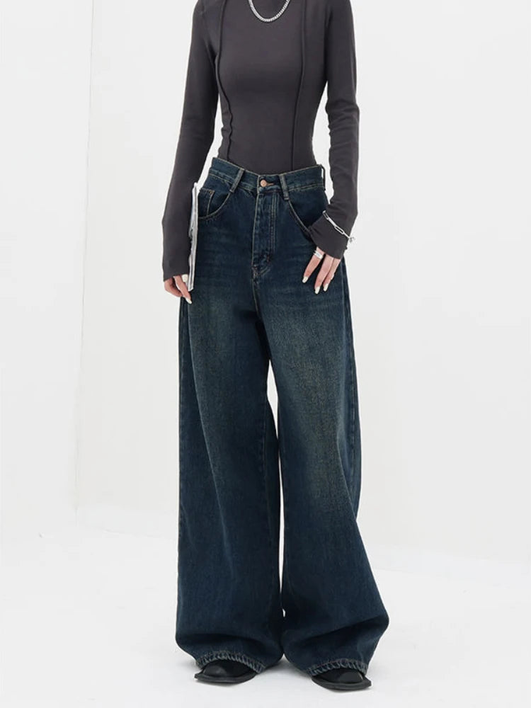 Y2K High Waist Retro Blue Dark Straight Jeans Female Original Korean Cozy Wide-Legged Jeans