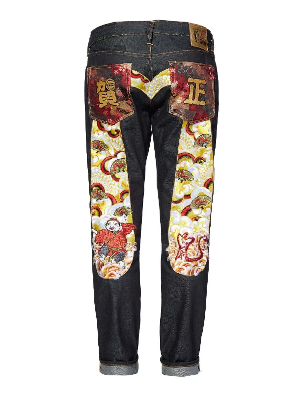 Year of the Rat Carrot-fit Selvedge Denim Jeans Casual Distressed Denim Jeans
