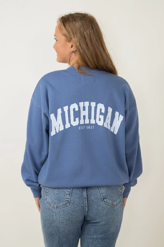 1897 Active Michigan Lake Life Sweatshirt for Women in Cream/Blue | GT878-CREAM/BLUE Hoodie with Back Slit Movement Comfort