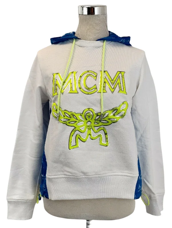 MCM Women's White Cotton Sweatshirt with Nylon Back and Hood MFA9SMM08HI (IT 38) Hoodie with Hem Patch Decorative Personalized