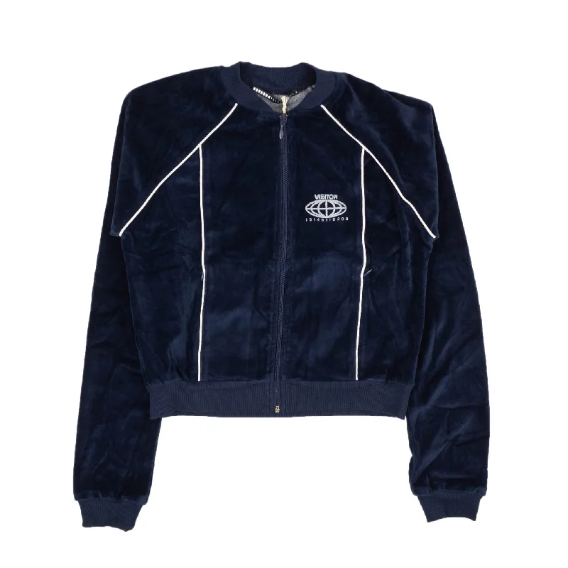 VISITOR ON EARTH Blue Velour Zip-UP Sweatshirt Hoodie with Ribbed Hem Stretchable Secure