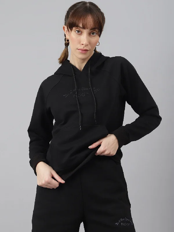 Fitkin Women Black Fleece Regular Fit Hooded Sweatshirt Hoodie with Bell Sleeves Flared Feminine