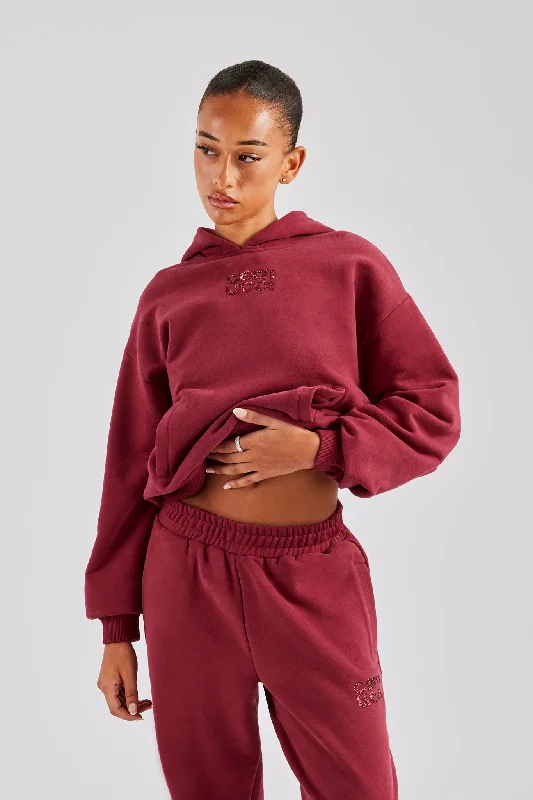 Glitter Applique Oversized Hoodie - Cherry Red Hoodie with Hem Frayed Vintage Worn