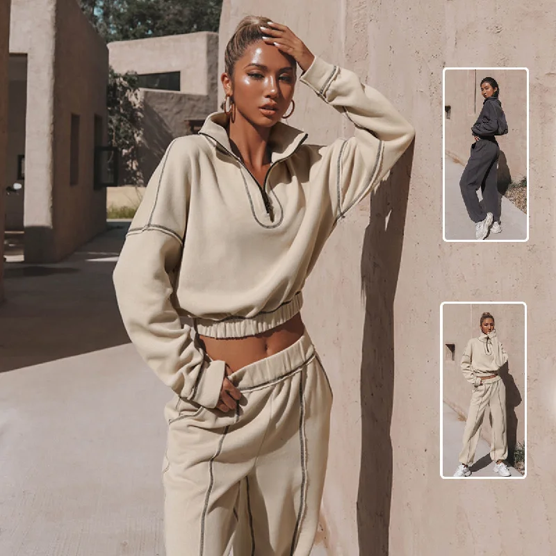 Long Sleeve Turtleneck Sweatshirt Stand Up Zipper Short Top With Loose Straight Leg Pants Women's Clothing Hoodie with Typography Text Message