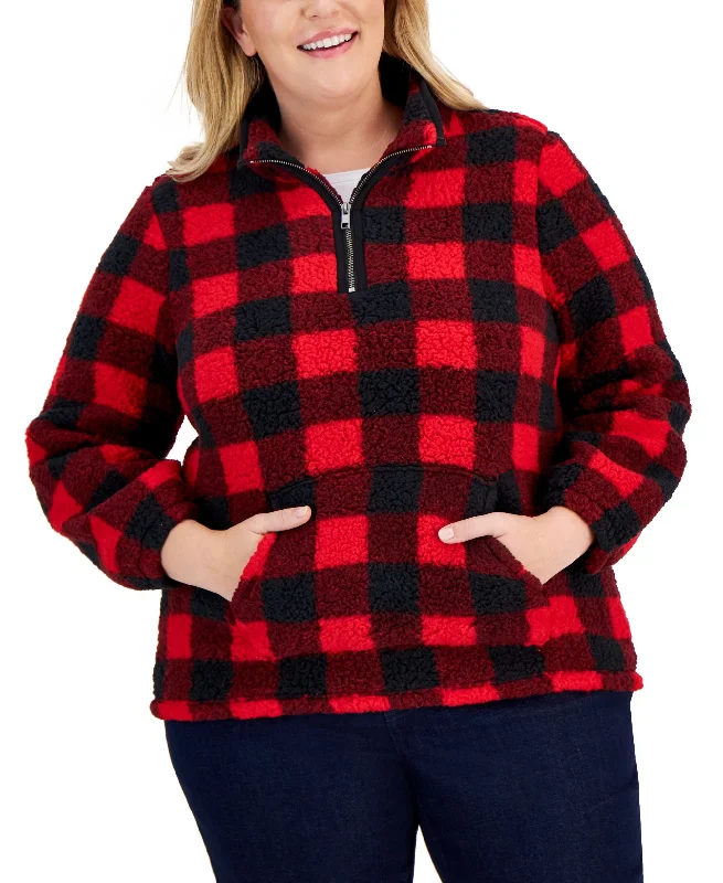Style & Co Plus Size Plaid Sherpa Sweatshirt Hoodie with Ribbed Hem Stretchable Secure