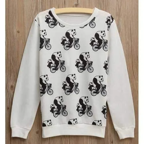 Cute Round Neck Long Sleeve Panda Print Loose-Fitting Women's Sweatshirt - White One Size(fit Size Xs To M) Hoodie with Print Artistic Unique