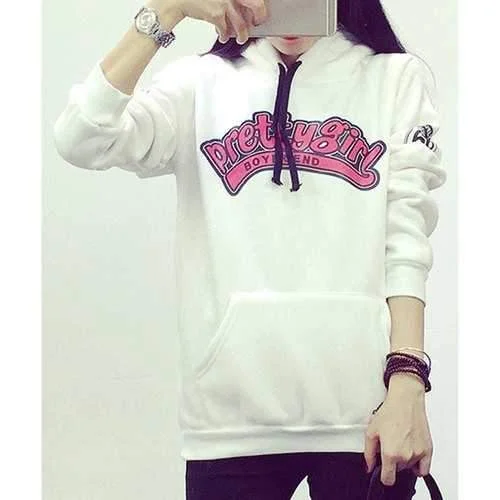 Casual Hooded Letter Pattern Flocking Long Sleeve Hoodie For Women - White L Hoodie with Logo Branding Identity