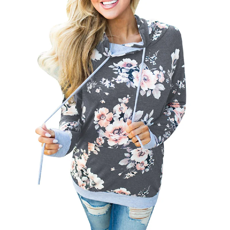 Womens Autumn Winter Floral Loose Hoodie Sweatshirt Pullover Tops Blouse Hoodie with Ribbed Hem Stretchable Secure